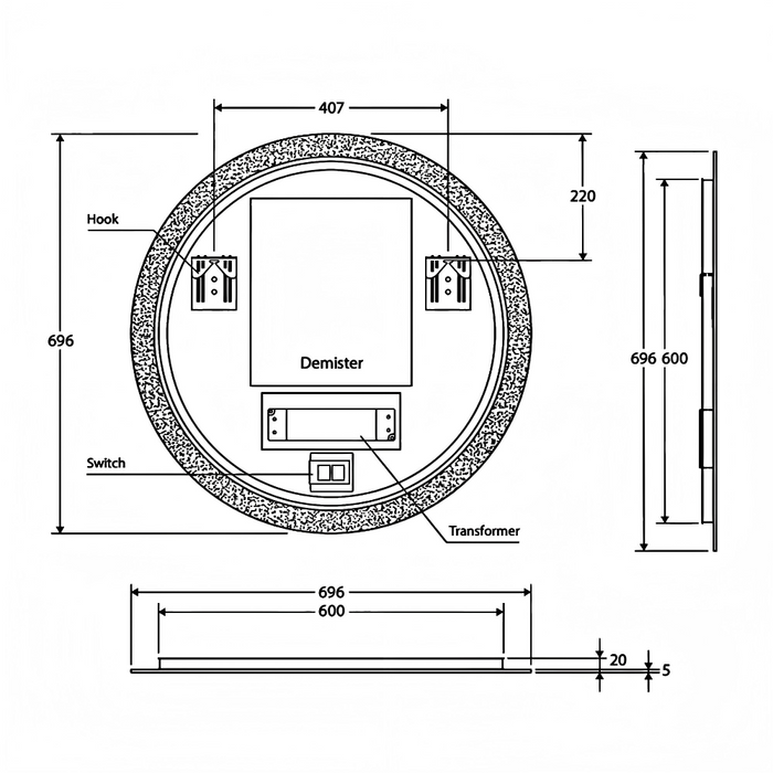 696*696*5mm Fienza Kaya Round Pencil Edge Illuminating On/Off Touch Sensor Framed LED Mirror