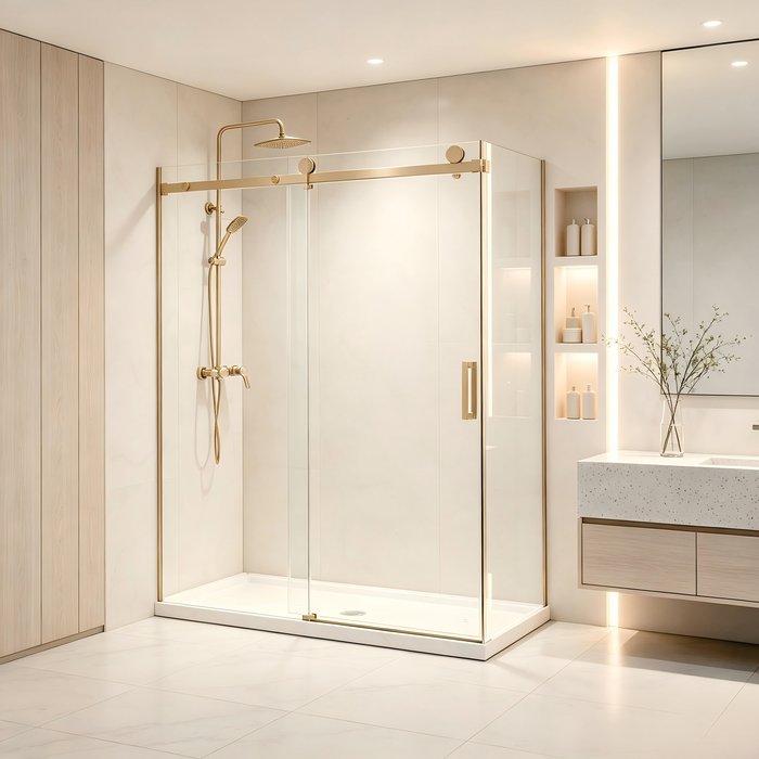 1180-2000mm Covey Frameless Light Gold Fitting L Shape Sliding Door 10mm Thickness Shower Screens - 2000mm Height