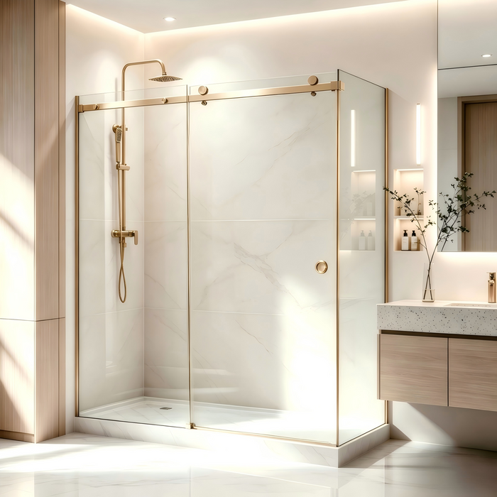 870-1180mm Covey Frameless Light Gold Fitting L Shape Sliding Door 10mm Thickness Shower Screens - 2000mm Height
