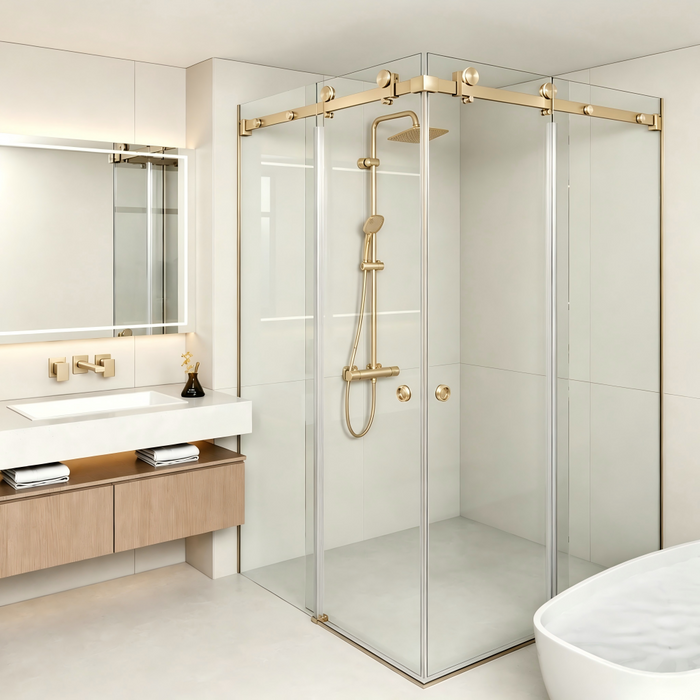 870-1450mm Covey Frameless L Shape Light Gold Fitting Double Corner Sliding Doors 10mm Thickness Glass Shower Screen - 2000mm Height