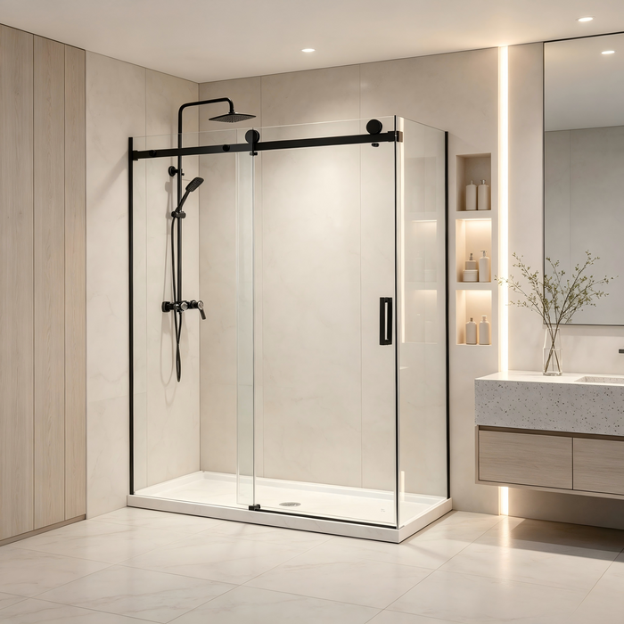 1180-2000mm Covey Frameless Black Fitting L Shape Sliding Door 10mm Thickness Shower Screens - 2000mm Height