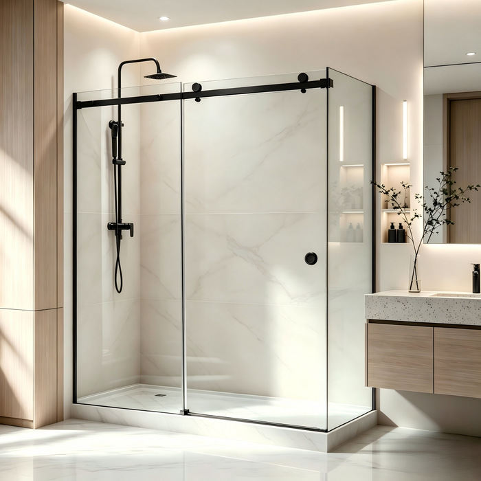 870-1180mm Covey Frameless Black Fitting L Shape Sliding Door 10mm Thickness Shower Screens - 2000mm Height