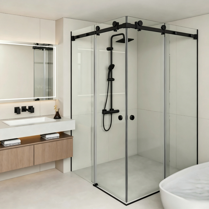 870-1450mm Covey Frameless L Shape Matt Black Fitting Double Corner Sliding Doors 10mm Thickness Glass Shower Screen - 2000mm Height