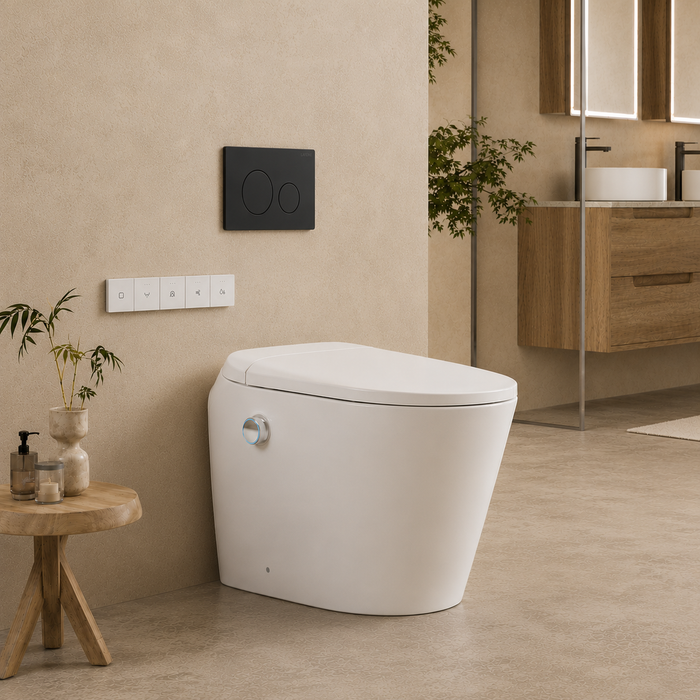 590*395*500mm Lafeme Autolux Rimless Space-Saving Wall Faced Smart Toilet Suite With Auto Lid & Foot Sensor