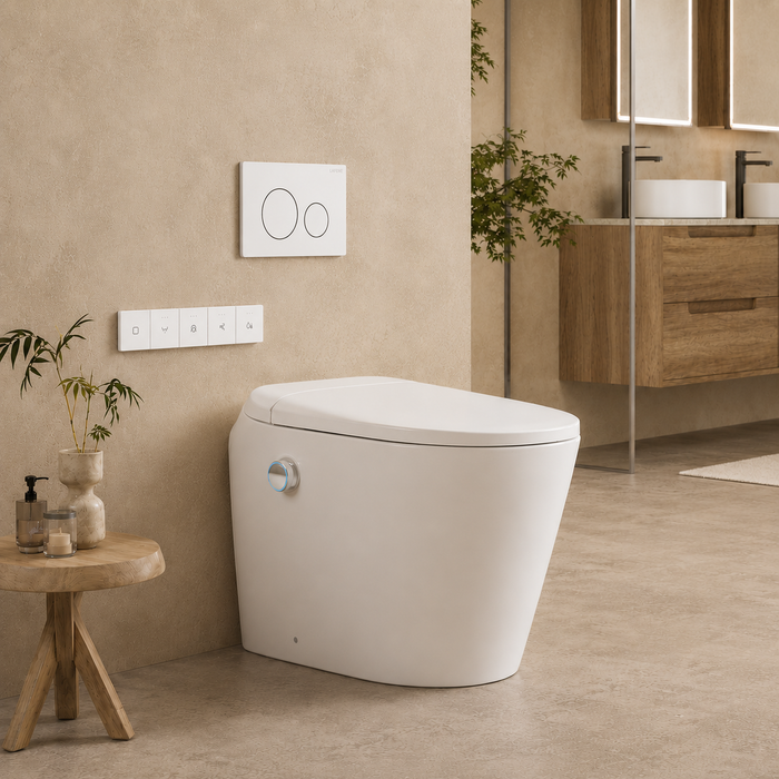 590*395*500mm Lafeme Autolux Rimless Space-Saving Wall Faced Smart Toilet Suite With Auto Lid & Foot Sensor