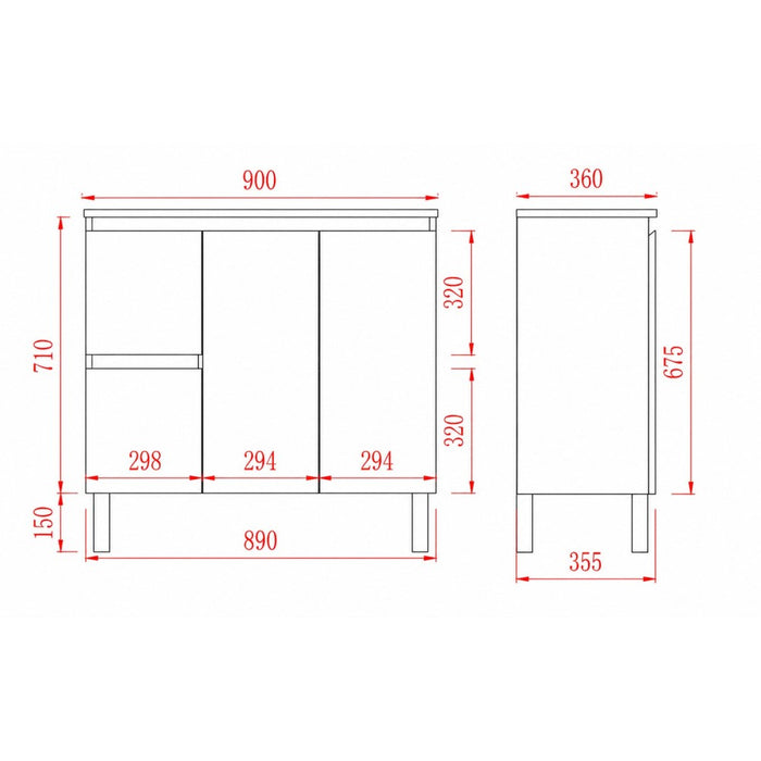 600/750/900*360*860mm Poseidon Nordic Slim White PVC Bathroom Freestanding Vanity