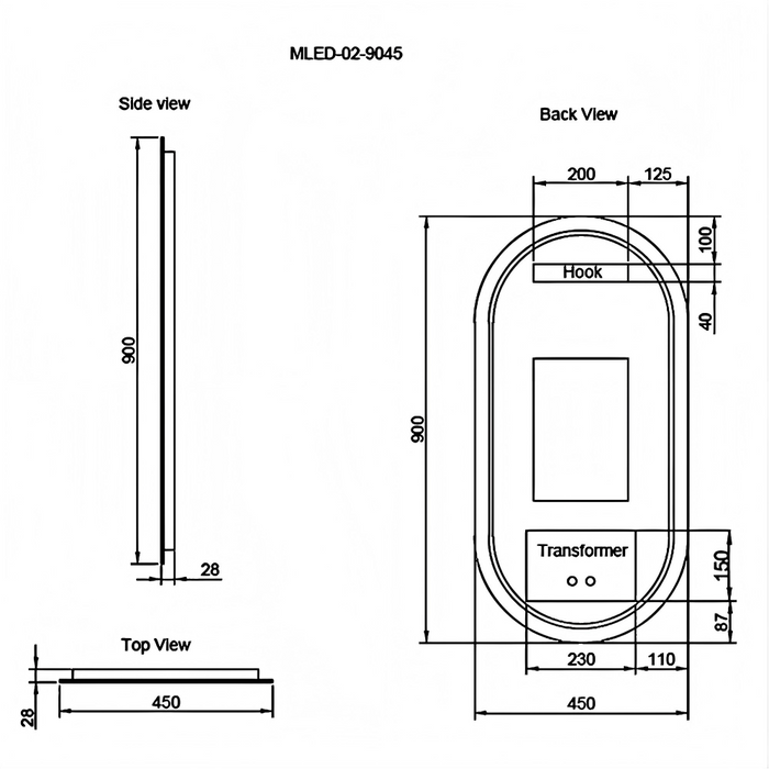 900-1500*45mm ABS O2 Oval Frameless Three Color Lights Backlit  LED Bathroom Mirror