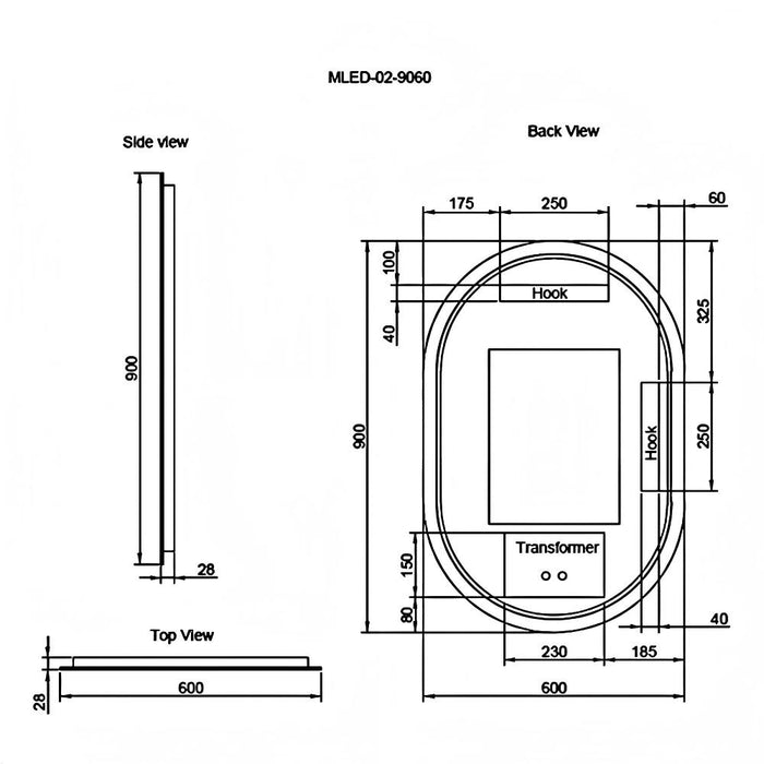 900-1500*45mm ABS O2 Oval Frameless Three Color Lights Backlit  LED Bathroom Mirror