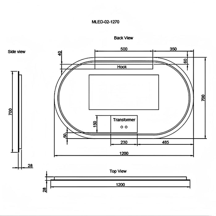 900-1500*45mm ABS O2 Oval Frameless Three Color Lights Backlit  LED Bathroom Mirror