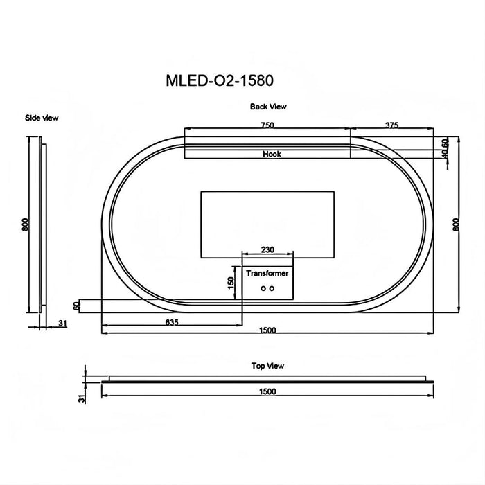900-1500*45mm ABS O2 Oval Frameless Three Color Lights Backlit  LED Bathroom Mirror