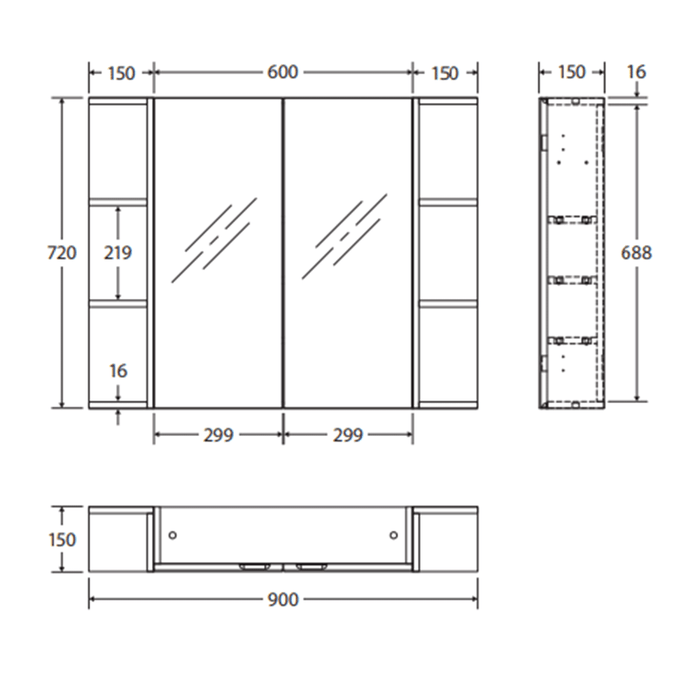 600*720*150mm Fienza Gloss White E1 MDF Board Copper-free Glass Rectangle Pencil/Bevel Edge Shaving Cabinet With Shelf