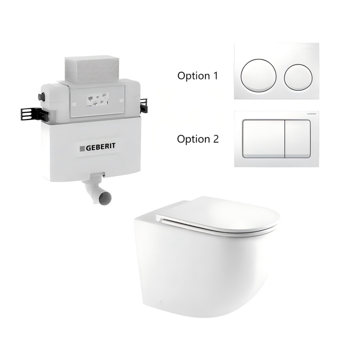 570*360*410mm Mercio Raul99 Gloss White Rimless Wall-Faced Floor Toilet & Geberit Alpha Cistern & Button