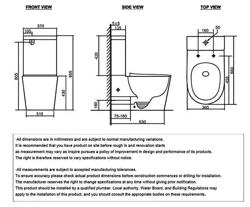 660*370*855mm Inspire Radiant Gloss White/Matt White Slimline Seat Tornado Rimless Back To Wall Toilet