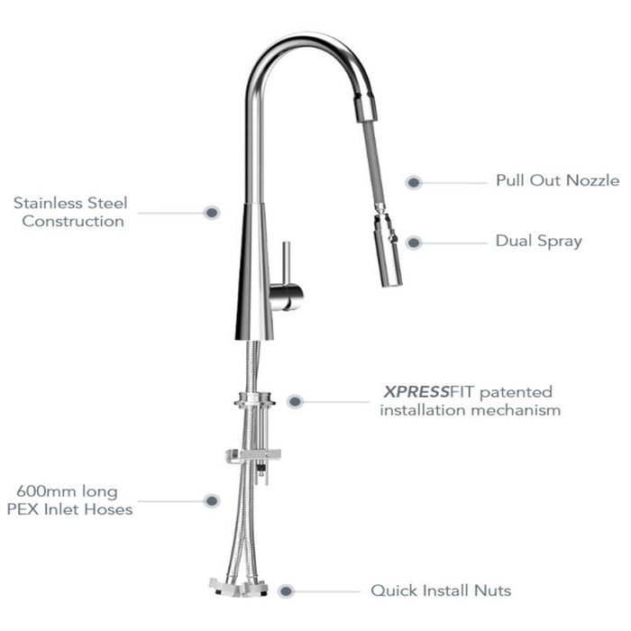 Suprema XPRESSFIT XCEL Conical Base Gooseneck Retractable Maxi Pull Out Kitchen Mixer