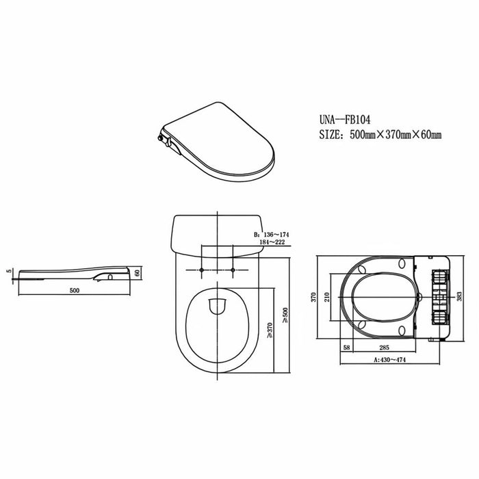 500*370*60mm Aulic Una White PP Non-Electric Toilet Bidet Seat