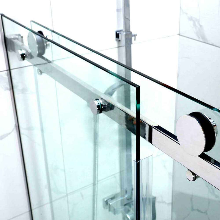 870-1180x2000mm Sliding L Shape Frameless Brushed Nickel 10mm Glass Embedded Circle Handle Shower Screens