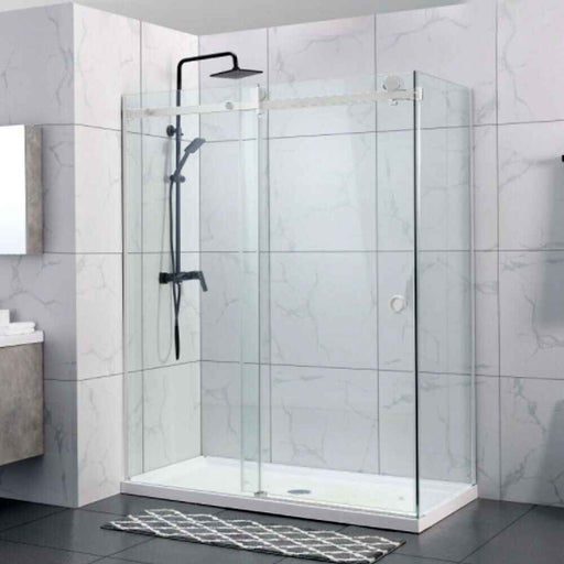 870-1180x2000mm Sliding L Shape Frameless Chrome 10mm Glass Embedded Circle Handle Shower Screens