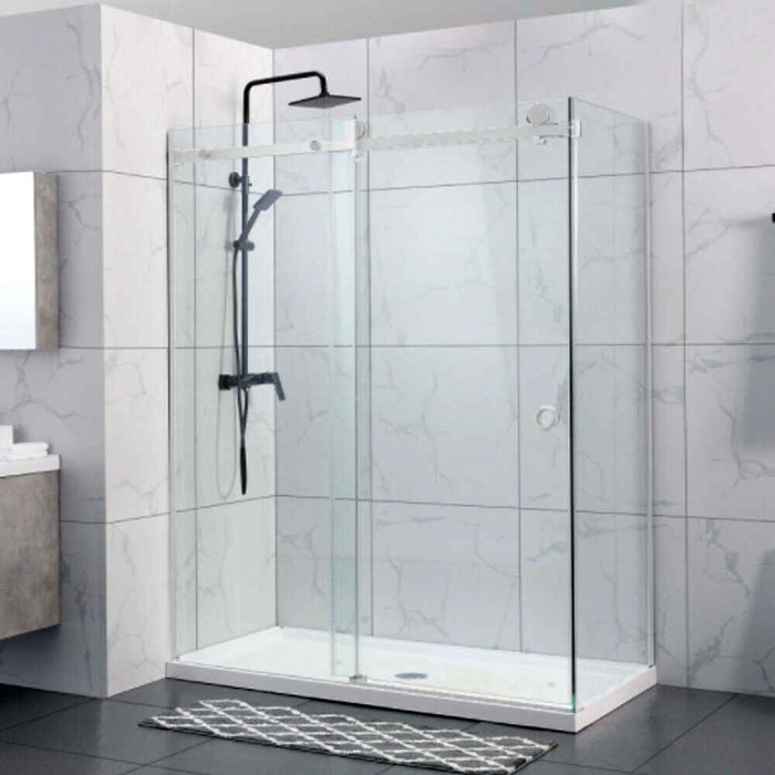 870-1180x2000mm Sliding L Shape Frameless Chrome 10mm Glass Embedded Circle Handle Shower Screens