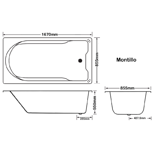 1670*855*550mm Montillo Spa Bath Tub 10 jets White Acrylic drop in Rectangle - HD reno