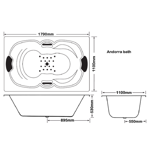 1790*1100*530mm Andorra Spa Bath Tub 8/12/16 Jets White Acrylic drop in - HD reno