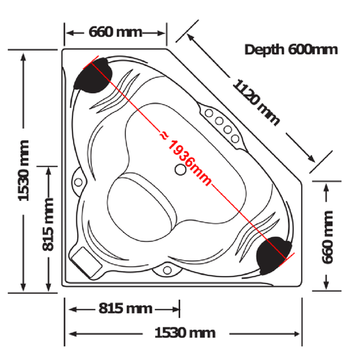 1530*1530*600mm Cordoba Spa Bath Tub 20 Jets Acrylic Drop in Corner - HD reno