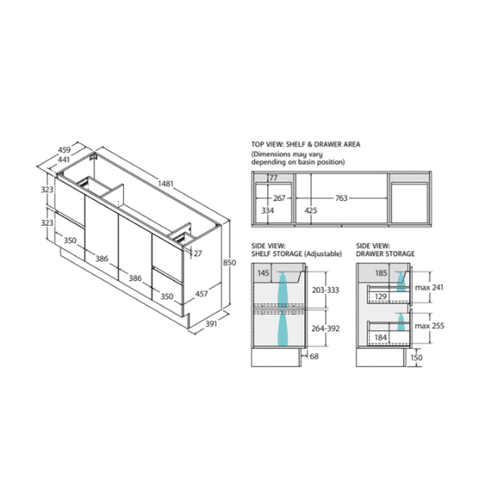 600-1800*400*850mm Door & Drawer Floor Standing Vanity