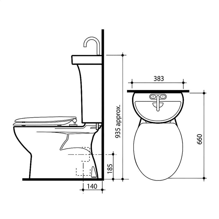 660*383*935mm Caroma Profile 5 Deluxe Close Coupled Toilet Suite With Integrated Hand Basin & Tap