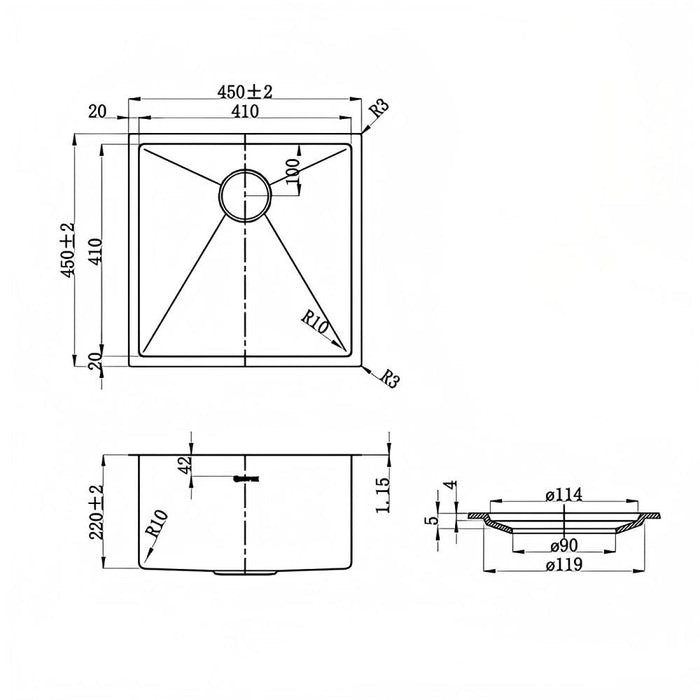 450*450*220mm Inspire AXON Brushed Stainless Steel Single Bowl Top/Under Mount Kitchen Sink