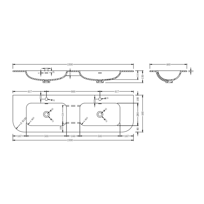 900-1500*455*430mm Infinity FELIX Walnut Plywood With One Main Drawer And Two Side Drawers Wall Hung Vanity