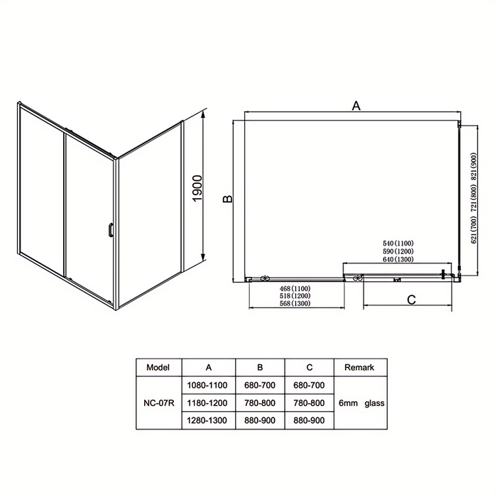 920-1750mm Covey Chrome Semi-Frameless L Shape Sliding Door 6mm Thickness Shower Screens - 1900mm Height
