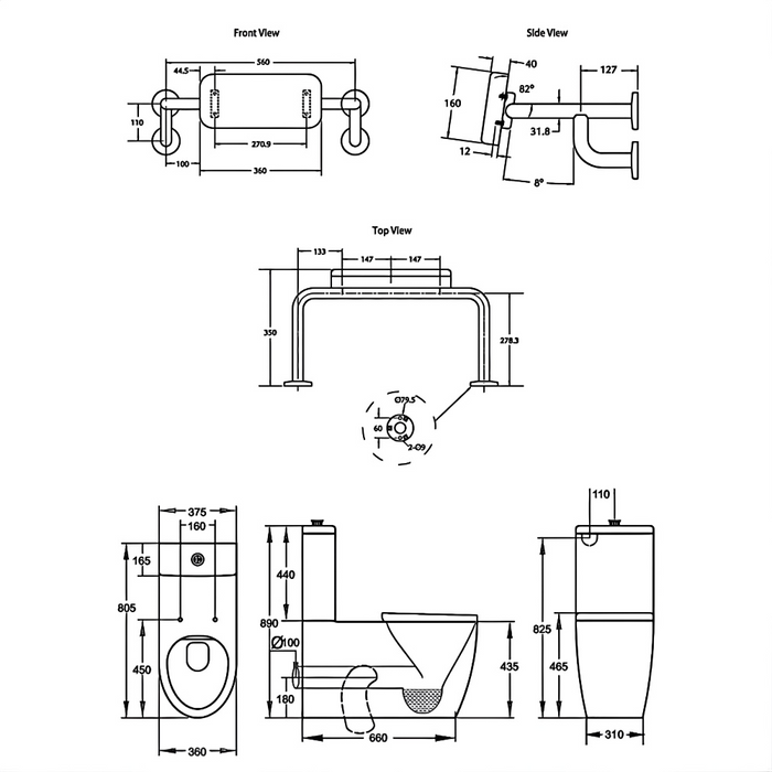 Enhanced Accessible Care Bathroom Package - Care Toilet, Basin with Mixer, Full Support Rail System & Backrest