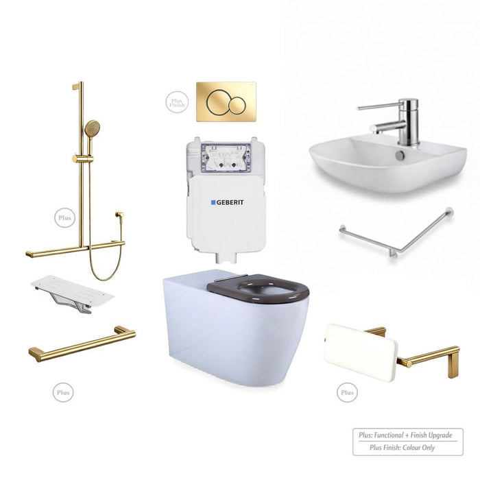 Left-Hand Accessible Care Bathroom Package – Shower, Toilet & Support System (Std & Plus - Urban Brass)