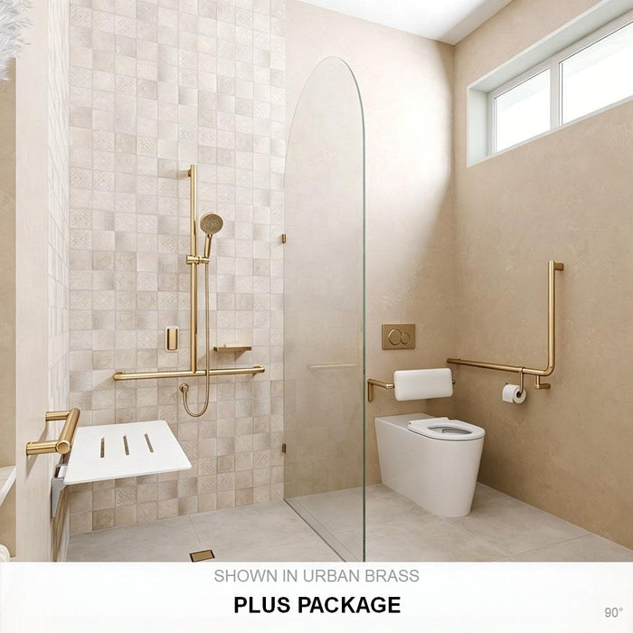 Left-Hand Accessible Care Bathroom Package – Shower, Toilet & Support System (Std & Plus - Urban Brass)