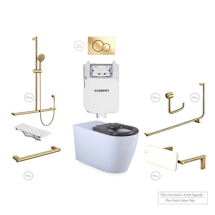 Left-Hand Accessible Care Bathroom Package – Shower, Toilet & Support System (Std & Plus - Urban Brass)