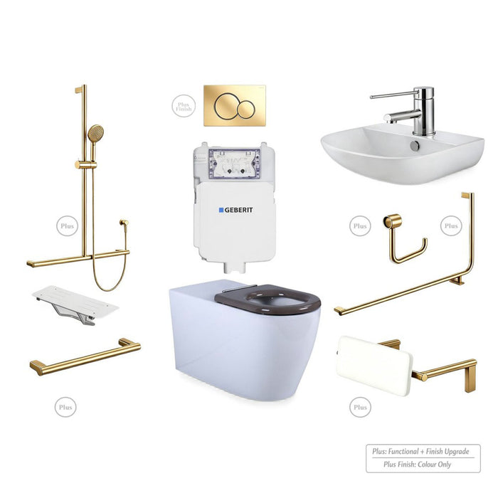 Left-Hand Accessible Care Bathroom Package – Shower, Toilet & Support System (Std & Plus - Urban Brass)
