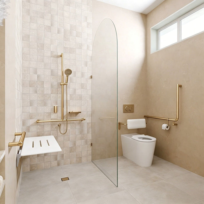 Left-Hand Accessible Care Bathroom Package – Shower, Toilet & Support System (Std & Plus - Urban Brass)