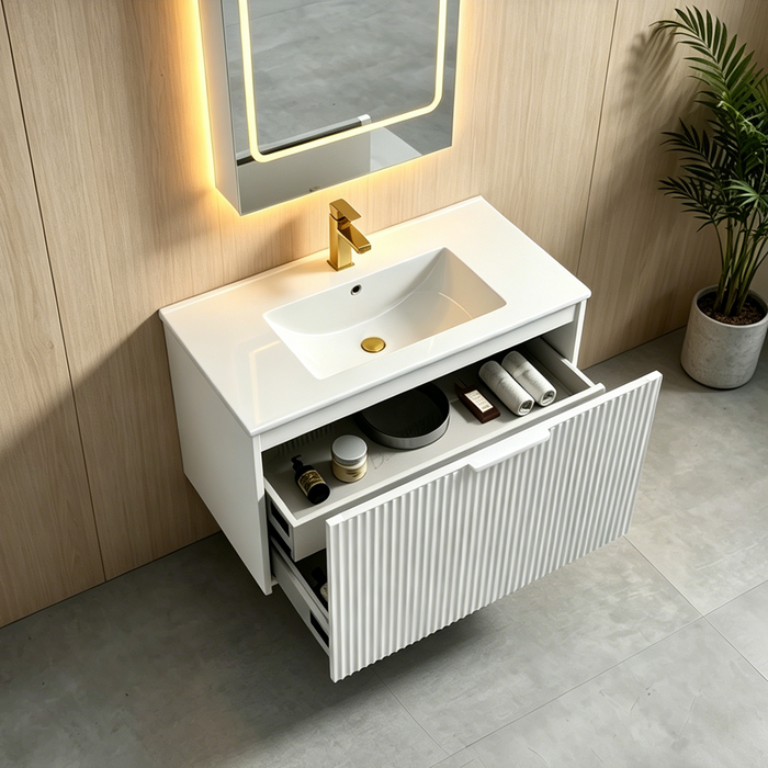 600-1500*455*830mm Infinity Thena White High-Moisture Resistant Plywood Fluted Wall Hung Bathroom Vanity